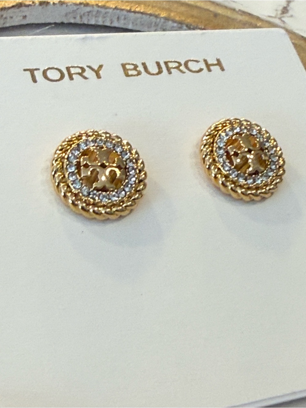 Tory Burch Miller Rope Gold Pave Diamond Studded Earrings TB